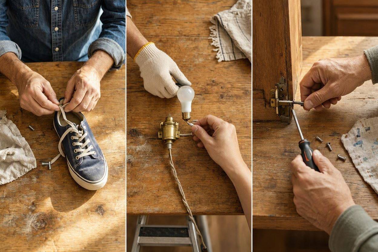How-To Guides: Simple Step-by-Step Solutions for Everyday Problems 1 Hands engaged in practical how-to guides, demonstrating shoe repair, lamp assembly, and door hinge installation.