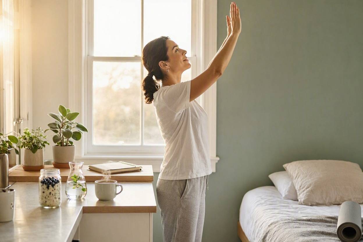 How to Build a Healthy Daily Routine That You Can Actually Stick To 1 Woman stretching in a bright room, part of a healthy daily routine.