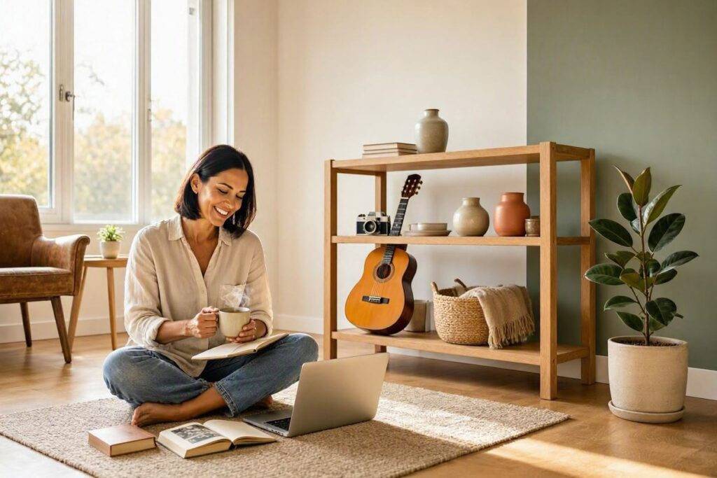How to Build a Simpler Lifestyle Without Giving Up the Things You Enjoy 2 Woman enjoying a simple lifestyle with coffee and laptop, surrounded by cozy home decor.