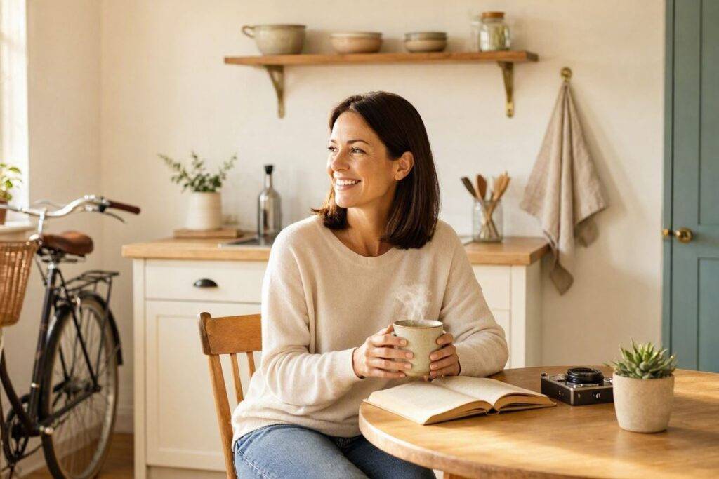 How to Build a Simpler Lifestyle Without Giving Up the Things You Enjoy 4 Woman enjoying coffee and a book, embodying a simpler lifestyle.