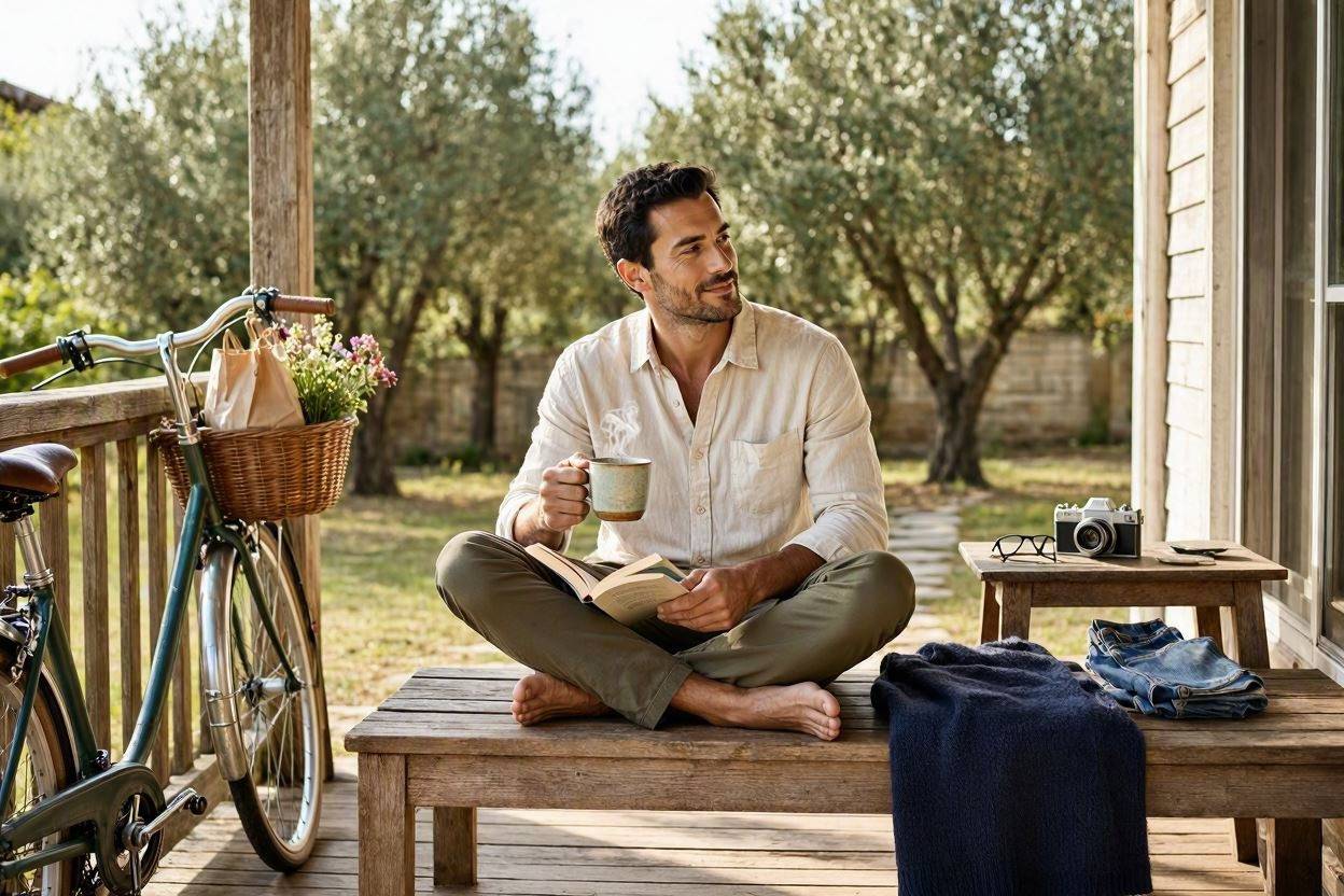 How to Build a Simpler Lifestyle Without Giving Up the Things You Enjoy 1 Man enjoying simple living with coffee and book on porch