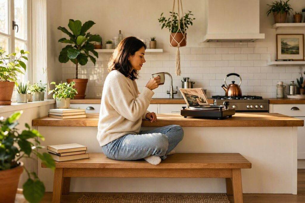 How to Build a Simpler Lifestyle Without Giving Up the Things You Enjoy 3 Woman enjoying coffee and music in a cozy kitchen, embracing simple living tips.
