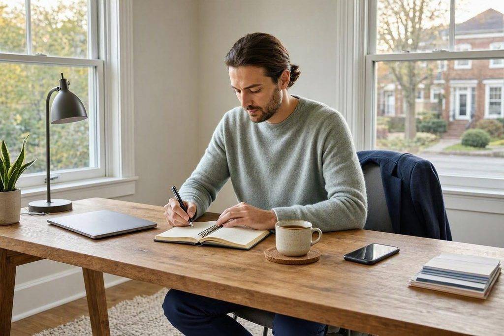 How to Create a Simple Workday Routine That Helps You Get More Done 2 Man in a productive workday routine, writing in a notebook at his desk.