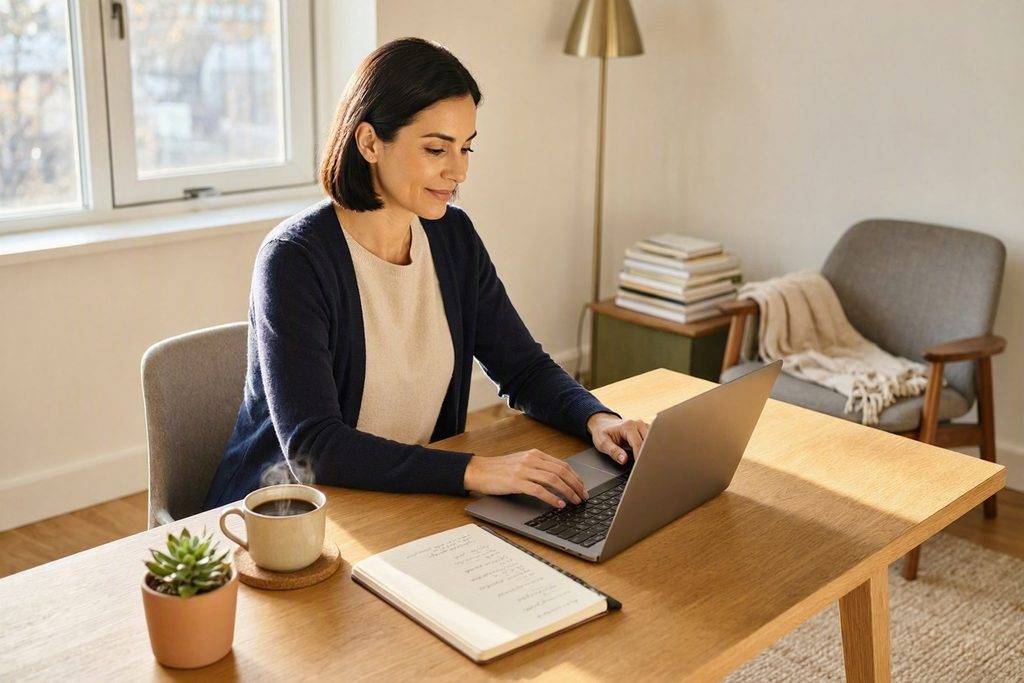 How to Create a Simple Workday Routine That Helps You Get More Done 3 Woman working on laptop, establishing a productive workday routine.