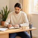 How to Create a Simple Workday Routine That Helps You Get More Done 16 Man writing in a notebook, establishing a productive workday routine.