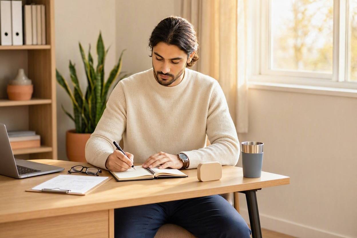 How to Create a Simple Workday Routine That Helps You Get More Done 1 Man writing in a notebook, establishing a productive workday routine.