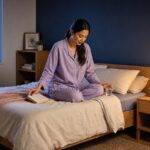 How to Get Better Sleep: A Practical Guide to Building a Better Sleep Routine 20 Woman in pajamas reading a book in bed, preparing for a healthy sleep routine.