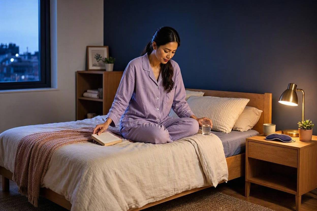 How to Get Better Sleep: A Practical Guide to Building a Better Sleep Routine 1 Woman in pajamas reading a book in bed, preparing for a healthy sleep routine.