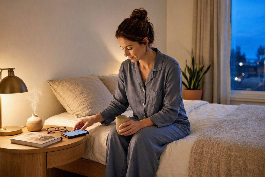 How to Get Better Sleep: A Practical Guide to Building a Better Sleep Routine 2 Woman in pajamas using phone in bed, a guide on how to get better sleep