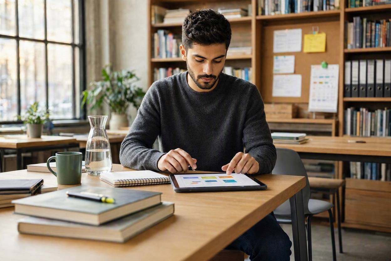 How to Learn Anything Faster: A Practical Learning System That Actually Works 1 Man studying on tablet with books and water carafe on table