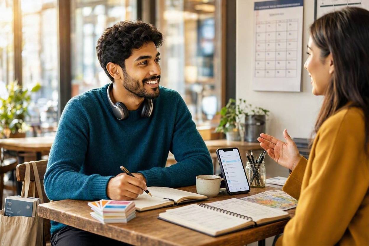 How to Learn a Language Faster: A Simple Daily System for Real-Life Conversation 1 Man and woman learning a language together, with books and phone on table.
