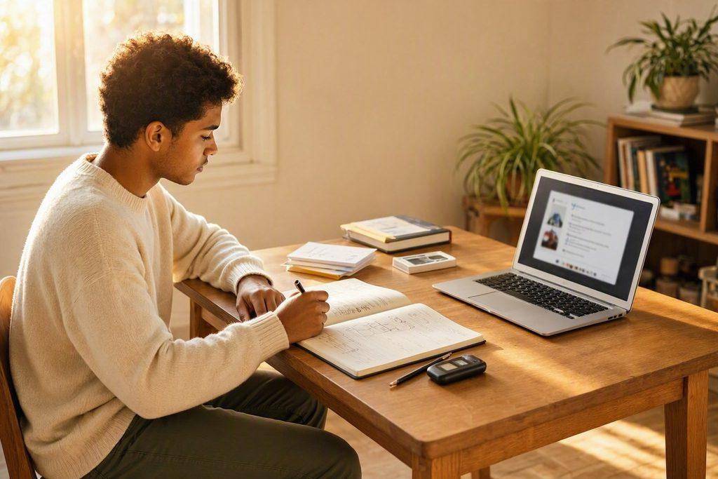 How to Learn a New Skill: A Practical Step-by-Step System for Beginners 3 Young man learning online, taking notes for a new skill.