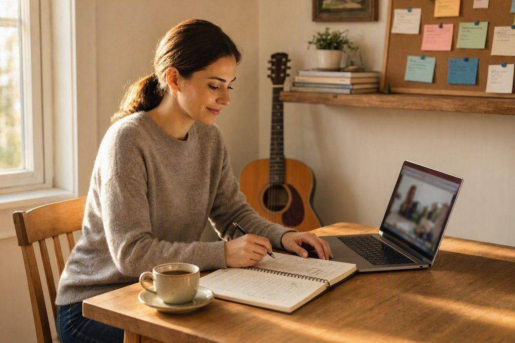 How to Learn a New Skill: A Practical Step-by-Step System for Beginners 4 Woman learning a new skill, writing in notebook with laptop and guitar