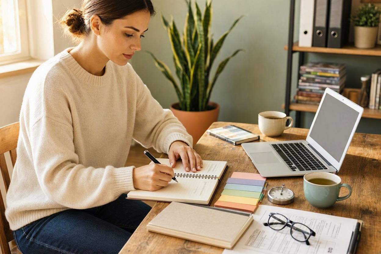 How to Learn a New Skill: A Practical Step-by-Step System for Beginners 1 Woman learning a new skill, writing in notebook at desk with laptop.