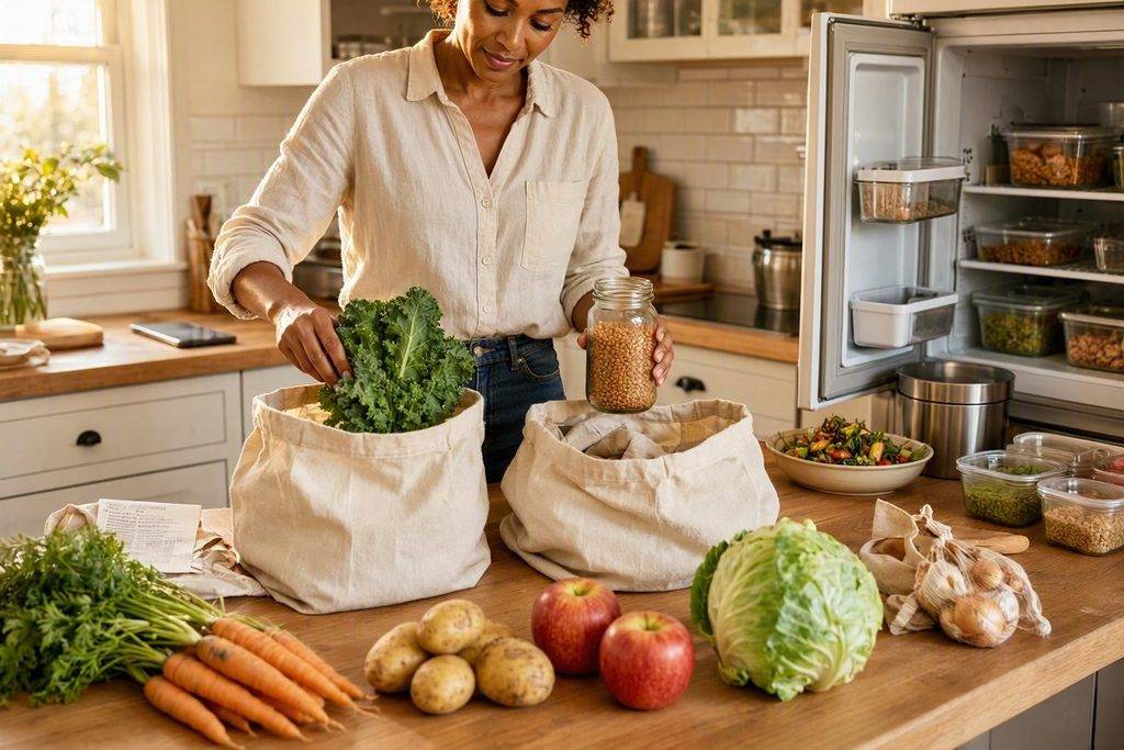 How to Make a Grocery List That Saves Money and Prevents Food Waste 2 Woman organizing fresh produce for a grocery list, preventing food waste.