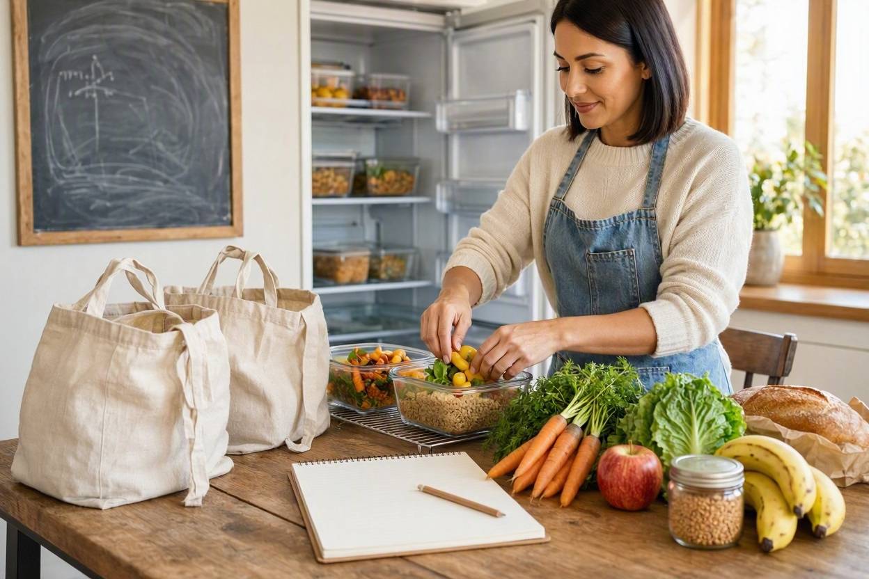 How to Make a Grocery List That Saves Money and Prevents Food Waste 1 Woman meal prepping with fresh produce, planning a grocery list
