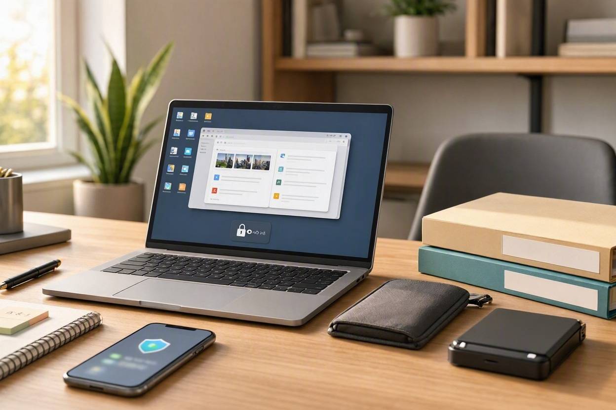 How to Organize Your Digital Life: A Simple System for Managing Files, Emails, and Passwords 1 Laptop and phone displaying digital organization, files, and security icons.