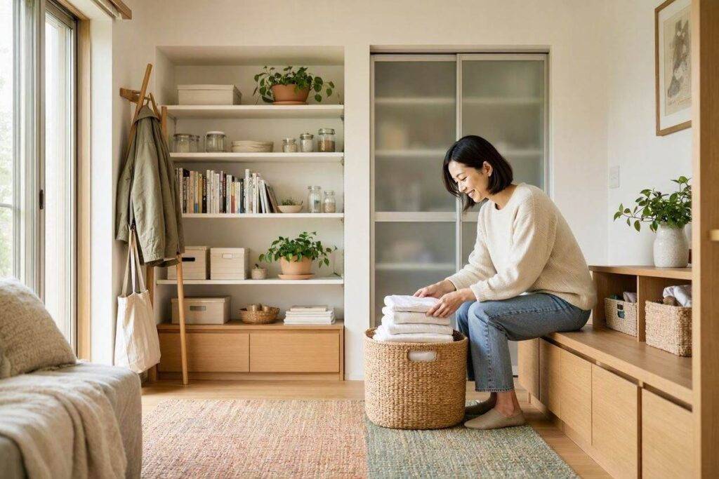How to Organize Your Home Without Feeling Overwhelmed 3 Neatly organized living room with simple storage solutions