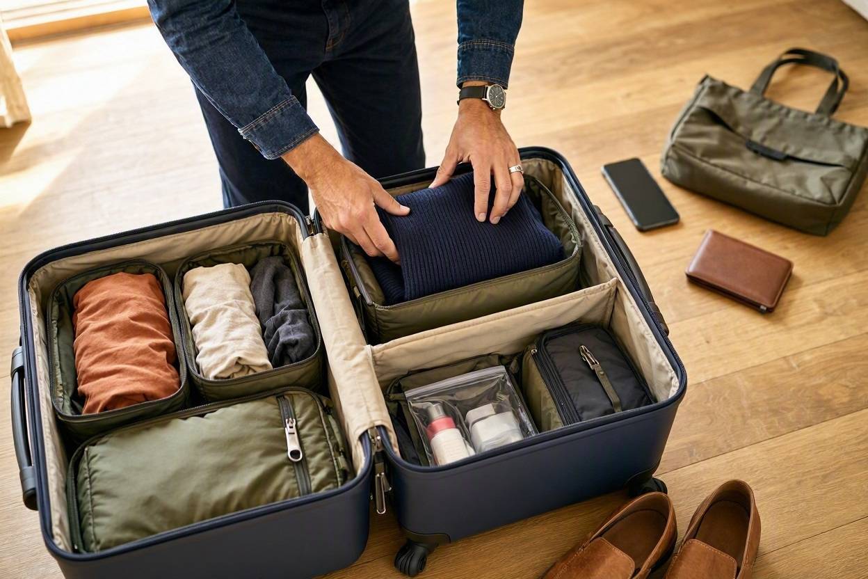 How to Pack for Any Trip: A Practical Packing System That Prevents Overpacking 1 Man packing a suitcase with packing cubes for organized travel