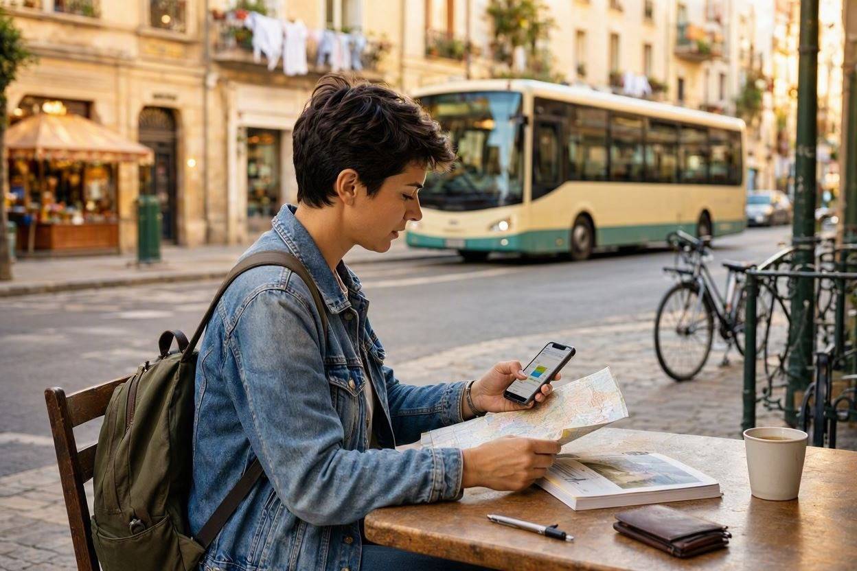 How to Plan a Better Trip Without Spending More Than You Need 1 Woman using phone and map for smart travel planning on a budget trip.