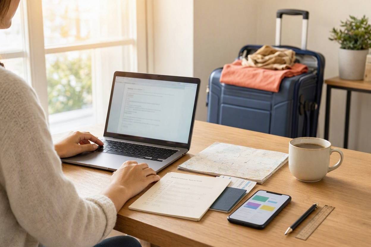 How to Plan a Stress-Free Trip: A Simple Travel Planning System That Actually Works 1 Woman planning a trip on laptop with travel documents, map, and coffee.