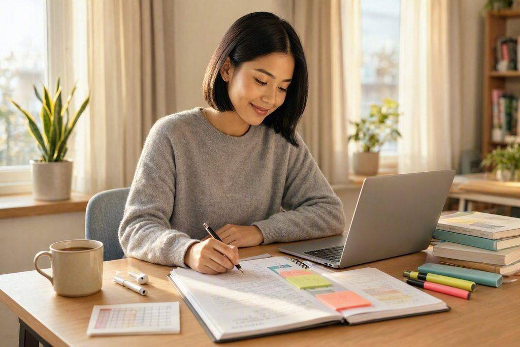 How to Prepare for an Exam: A Step-by-Step Study Plan That Reduces Stress 2 Young woman studying for an exam with laptop and notes