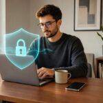 How to Protect Your Privacy Online: Simple Digital Security Habits Everyone Should Know 7 Man at laptop with digital shield icon symbolizing online privacy and digital security.