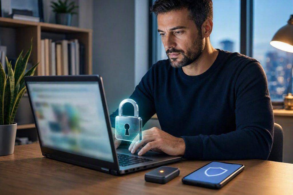 How to Protect Your Privacy Online: Simple Digital Security Habits Everyone Should Know 2 Man working on a laptop with a digital padlock icon symbolizing online privacy and security.
