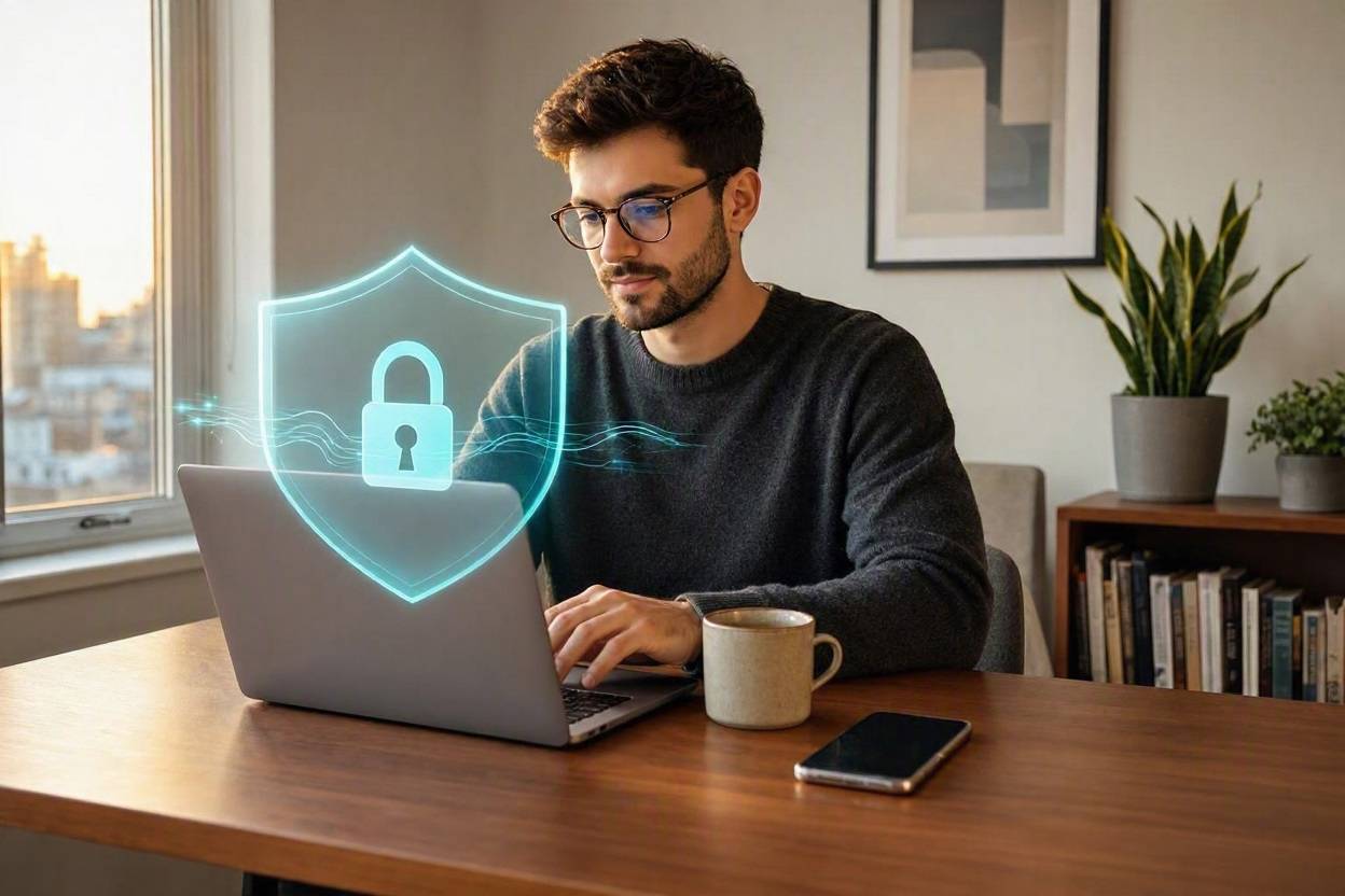 How to Protect Your Privacy Online: Simple Digital Security Habits Everyone Should Know 1 Man at laptop with digital shield icon symbolizing online privacy and digital security.