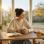 How to Reduce Everyday Stress: Simple Habits That Make Life Easier 19 Woman enjoying a warm drink and book, a simple way to reduce everyday stress.