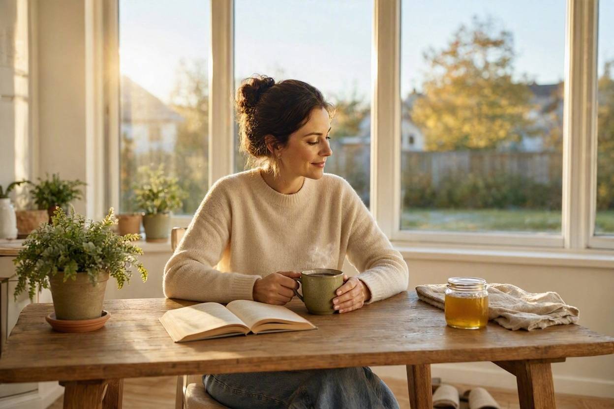 How to Reduce Everyday Stress: Simple Habits That Make Life Easier 1 Woman enjoying a warm drink and book, a simple way to reduce everyday stress.