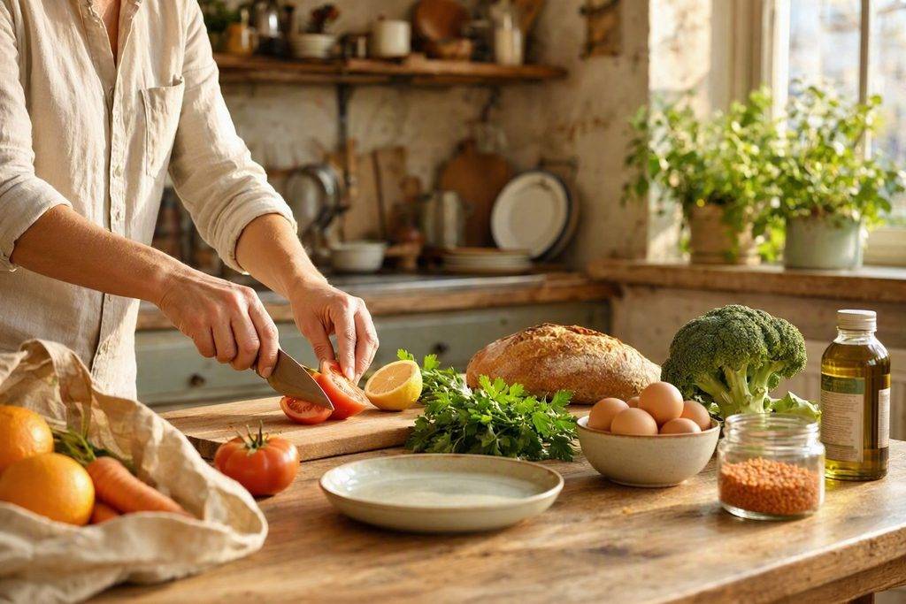 How to Save Money on Groceries Without Sacrificing the Quality of Your Meals 4 Person slicing tomatoes on a wooden counter with fresh produce, illustrating how to save money on groceries.