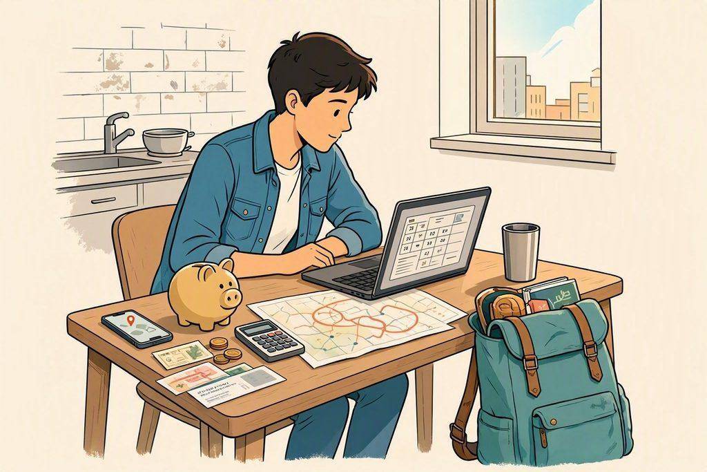 How to Save Money on Travel: A Practical Guide to Planning a Trip on a Budget 4 Man planning budget travel with laptop, map, piggy bank, and backpack.