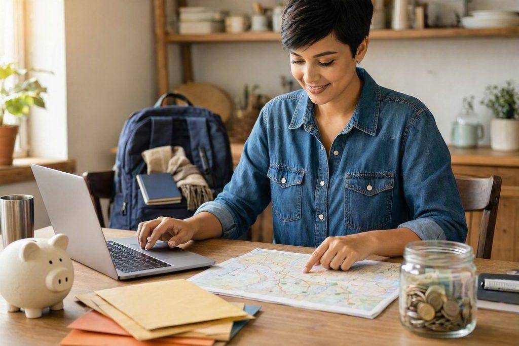 How to Save Money on Travel: A Practical Guide to Planning a Trip on a Budget 2 Woman planning budget travel with map, laptop, and piggy bank