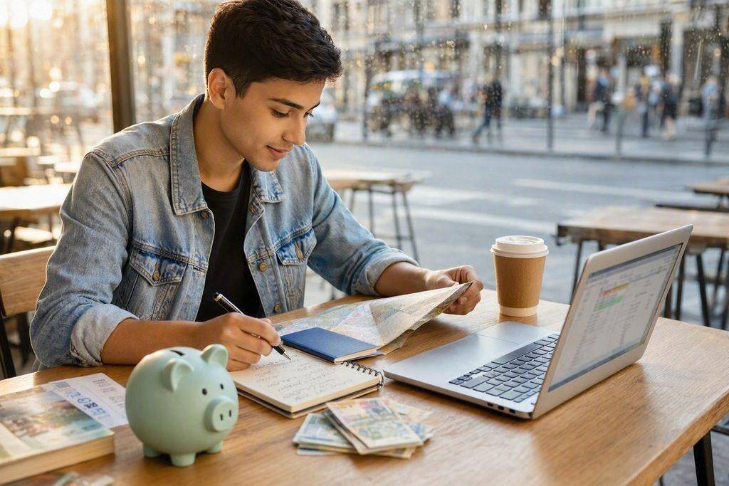 How to Save Money on Travel: A Practical Guide to Planning a Trip on a Budget 3 Young man planning budget travel with map, laptop, and piggy bank