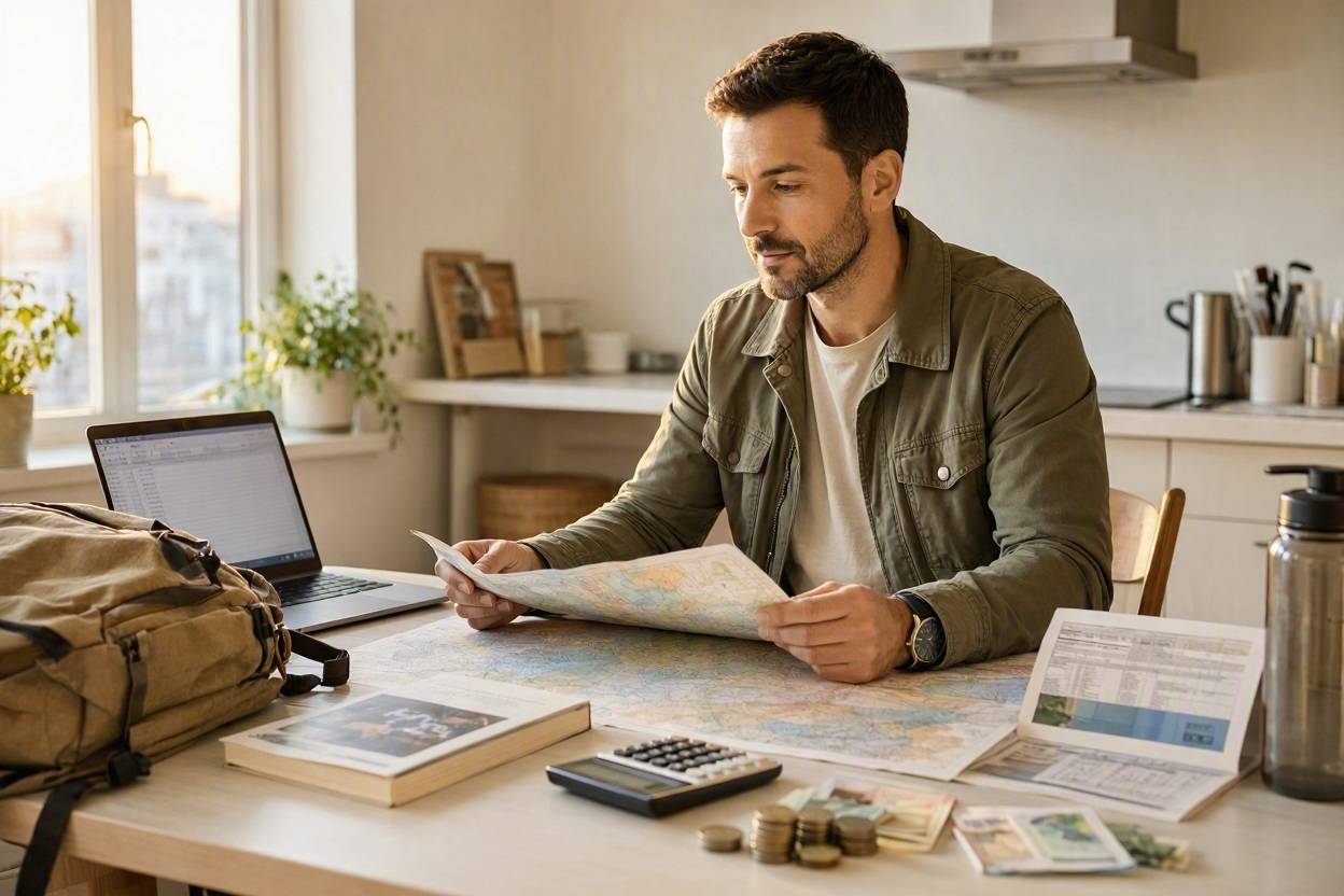 How to Save Money on Travel: A Practical Guide to Planning a Trip on a Budget 1 Man planning a budget trip, looking at a map with travel documents and money
