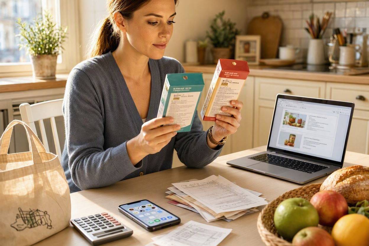 How to Shop Smarter and Spend Less Without Sacrificing Quality 1 Woman comparing product boxes, shopping smart to save money.