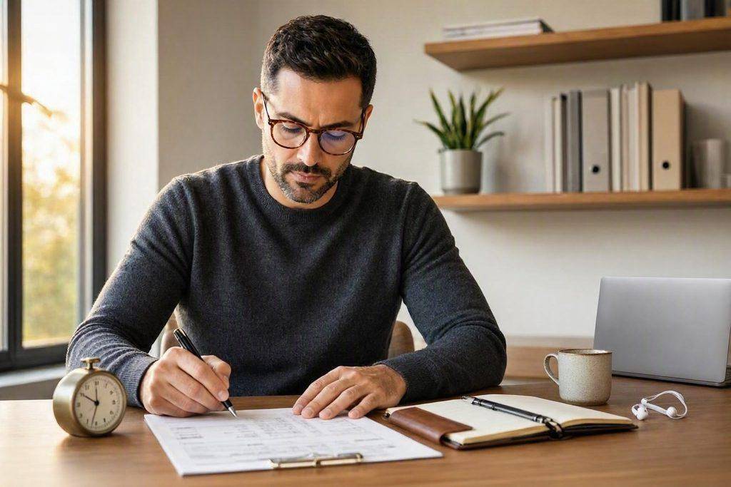 How to Stop Procrastinating: A Practical System for Getting Important Tasks Done 2 Man in glasses working on documents, focused on stopping procrastination.