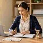 How to Stop Procrastinating: A Practical System for Getting Important Tasks Done 14 Woman at desk working on tasks, using a laptop and hourglass to manage time.