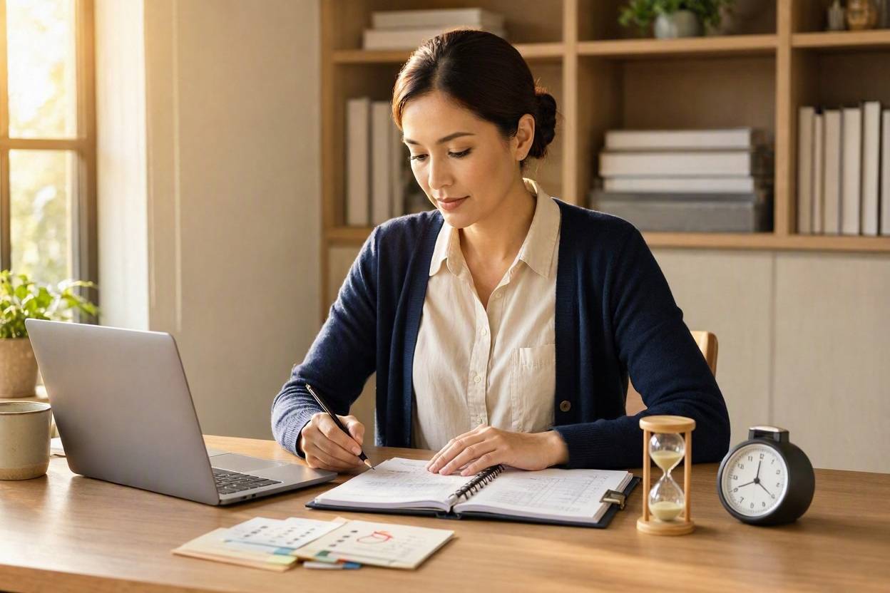 How to Stop Procrastinating: A Practical System for Getting Important Tasks Done 1 Woman at desk working on tasks, using a laptop and hourglass to manage time.