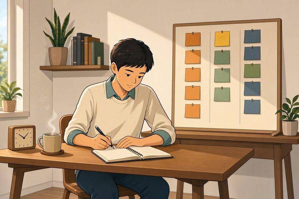 How to Stop Procrastinating: A Practical System for Getting Important Tasks Done 4 Man writing in notebook at desk with task board, stopping procrastination
