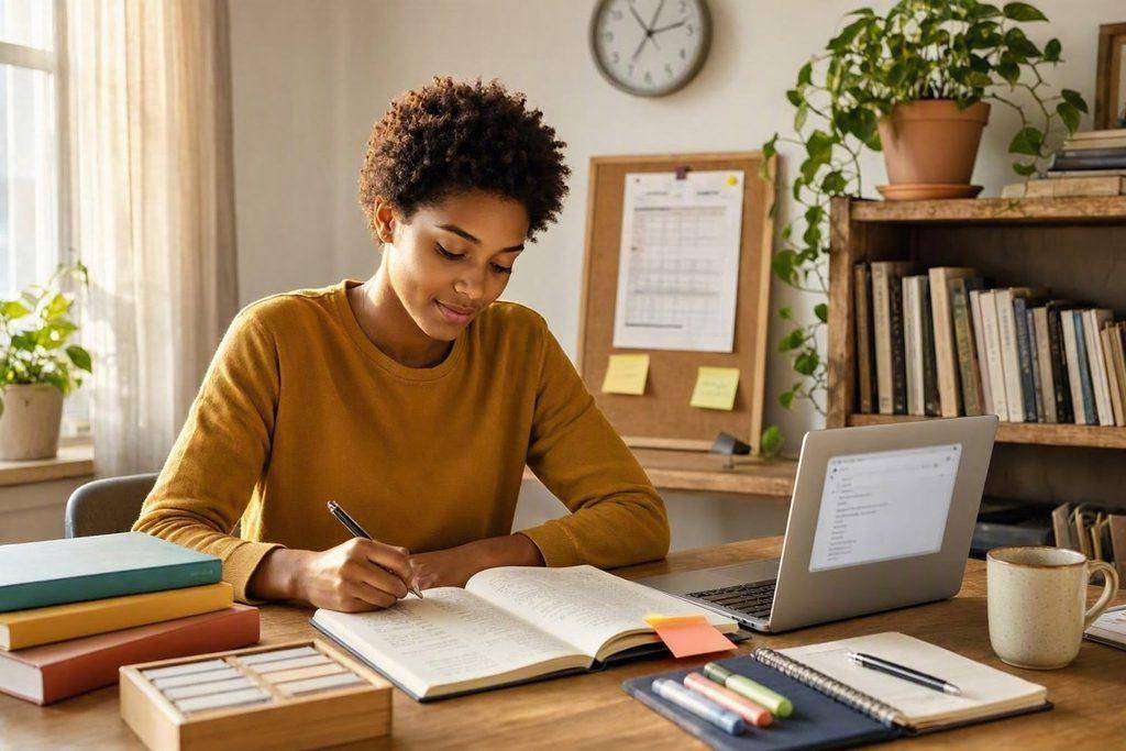 How to Study Effectively: A Practical System for Better Results 4 Woman studying at desk with laptop, books, and notebook for effective study system