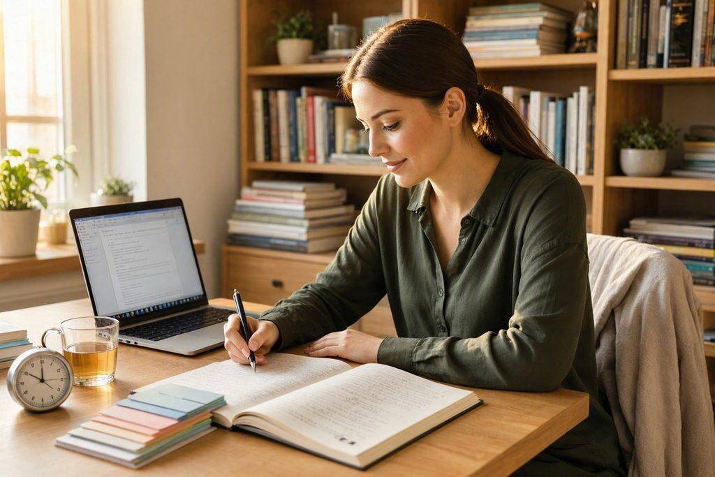 How to Study Effectively: A Practical System for Better Results 2 Young woman studying effectively at a desk with laptop and books.