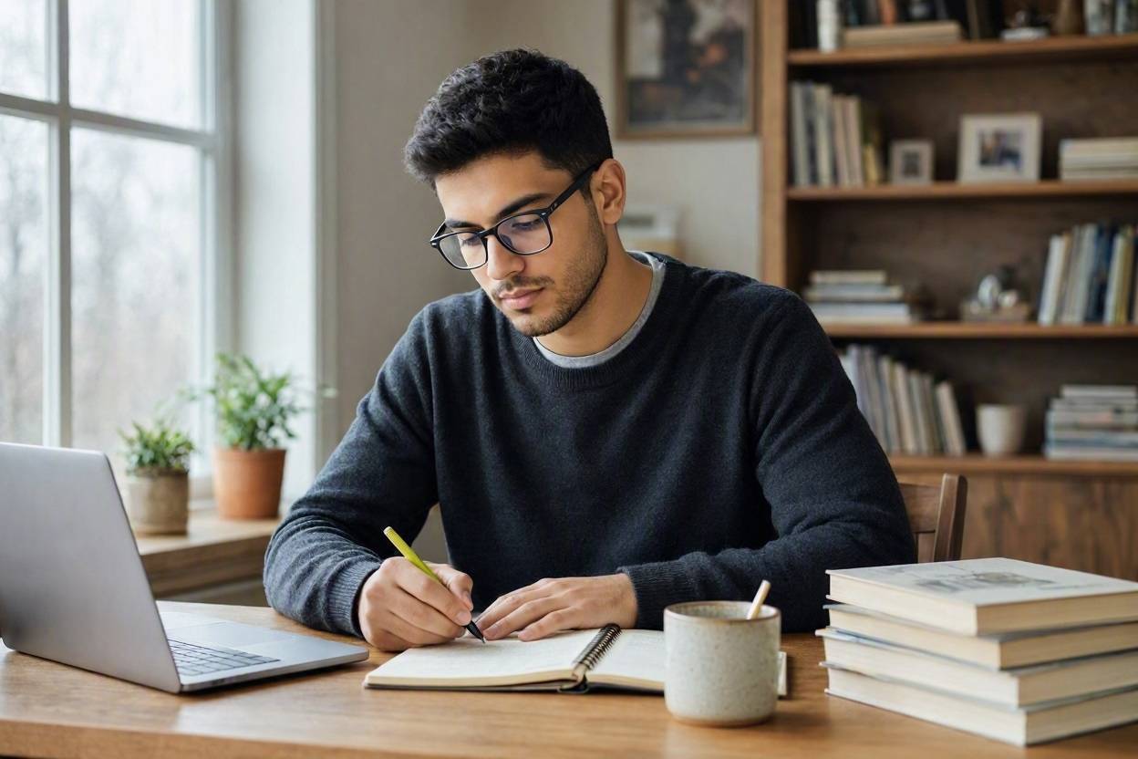 How to Study Effectively: A Practical System for Better Results 1 Young man studying at a desk with laptop and books, a system for effective learning
