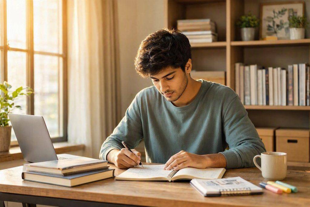 How to Study Effectively: A Practical System for Better Results 3 Young man studying at desk with laptop, books, and notebook