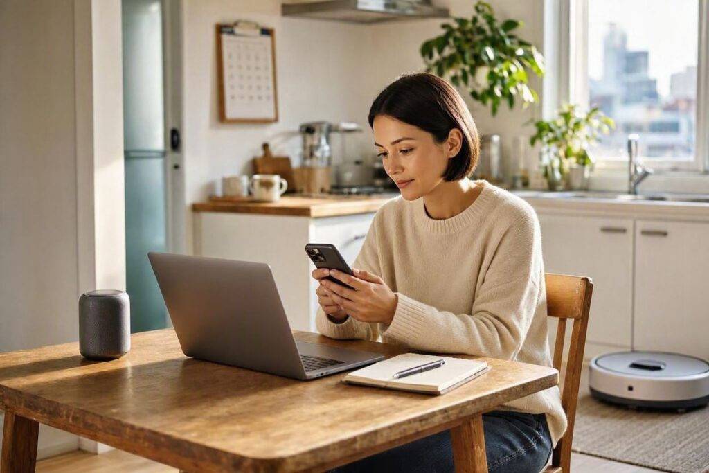 How to Use AI for Everyday Tasks: Practical Ways to Save Time and Get More Done 2 Woman using AI tools for productivity: laptop, smartphone, and robot vacuum