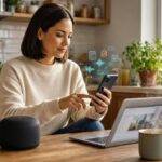 How to Use AI for Everyday Tasks: Practical Ways to Save Time and Get More Done 9 Woman using AI tools on phone and laptop for everyday productivity