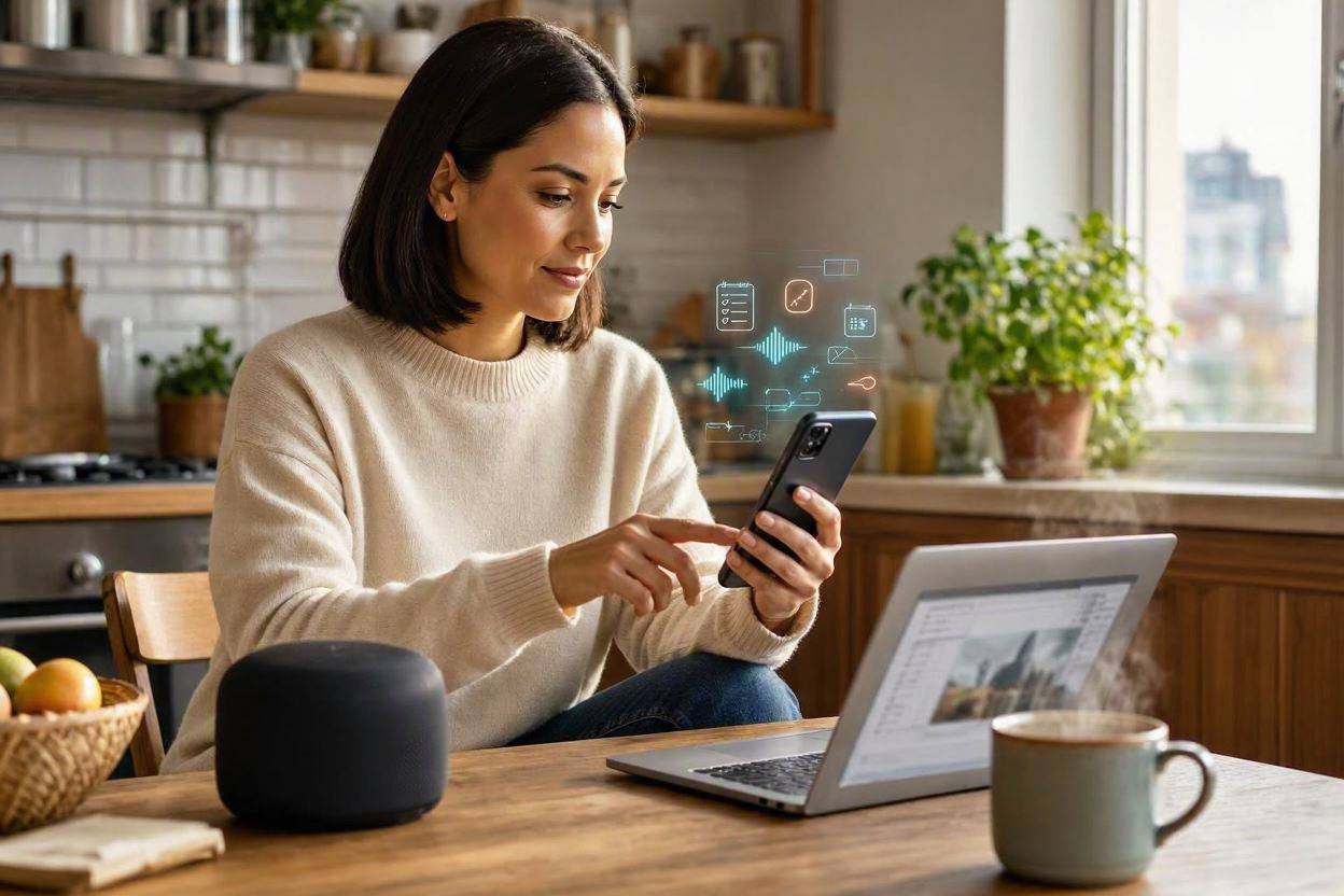 How to Use AI in Everyday Life: Practical Ways to Save Time and Work Smarter 1 Woman using AI tools on phone and laptop for everyday productivity