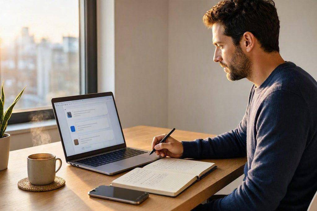 How to Use ChatGPT Effectively: A Practical Guide for Better Answers 2 Man using laptop and notebook, learning to use ChatGPT for better answers.