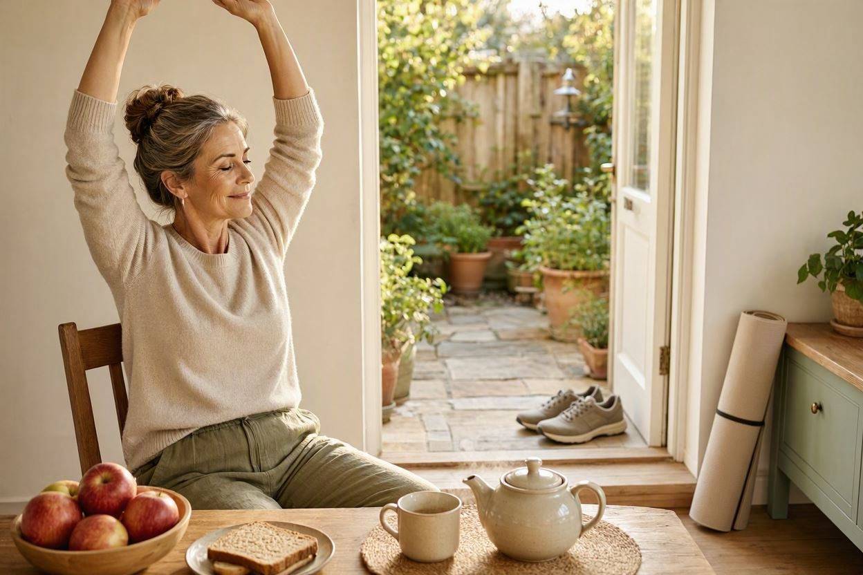 Simple Health Habits That Can Make Everyday Life Easier 1 Woman stretching at a table with fruit and tea, embodying simple healthy habits for everyday wellness.